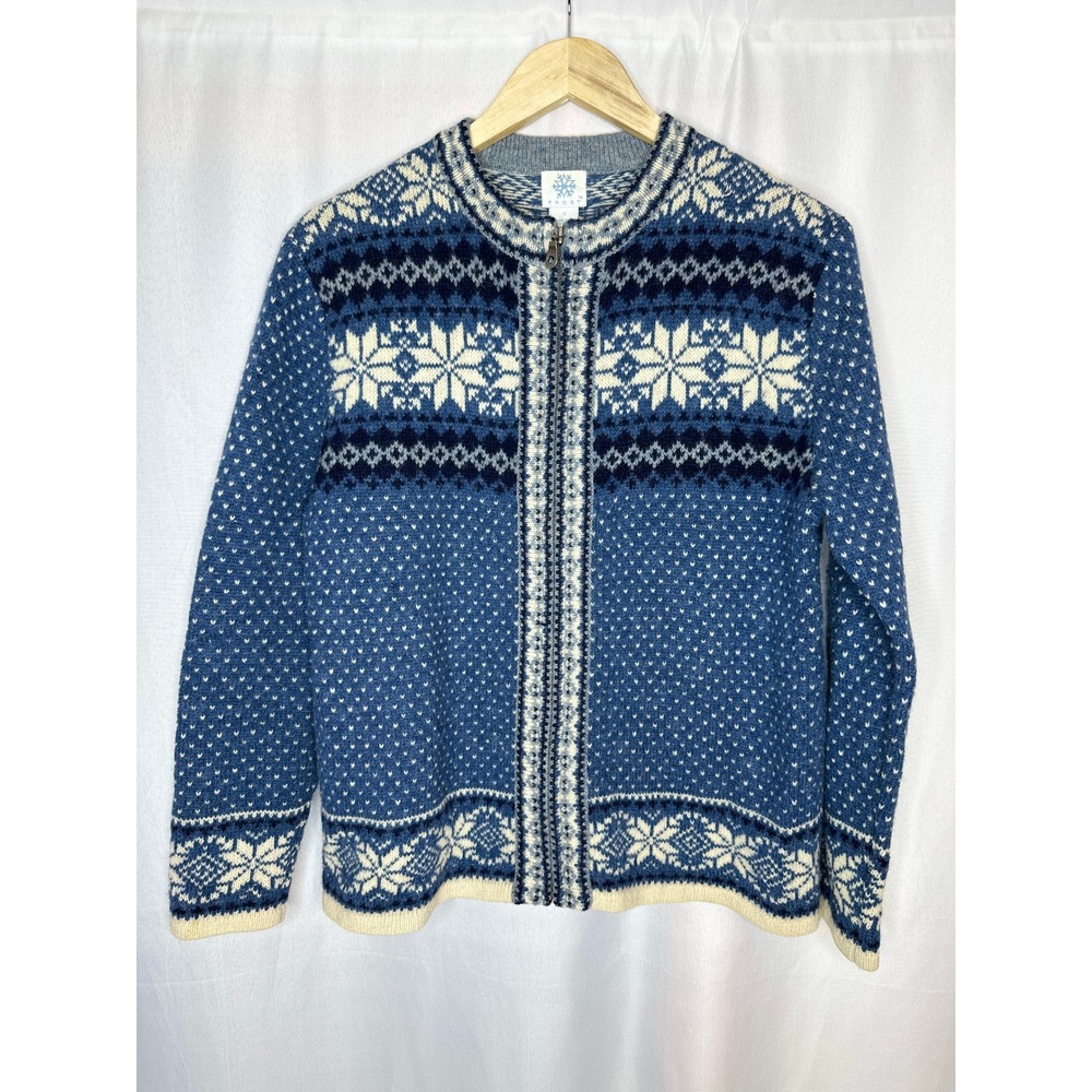 VTG Frost Nordic Fair Isle Wool Full Zip Sweater, SMALL Snowflakes Lodge Ski